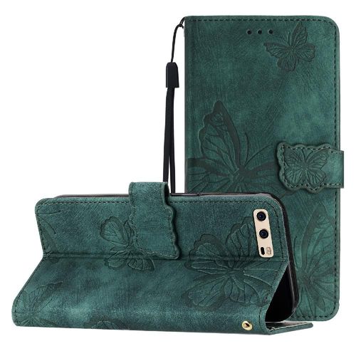 Flip Étui Pour Huawei P10 Titulaire De Fentes Pour Cartes Cuir Pu Fermeture Magnétique Portefeuille Papillon - Vert