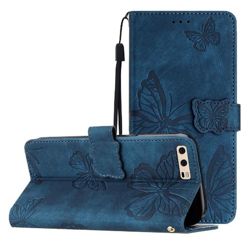 Flip Étui Pour Huawei P10 Papillon Fermeture Magnétique Titulaire De Fentes Pour Cartes Portefeuille Cuir Pu - Bleu