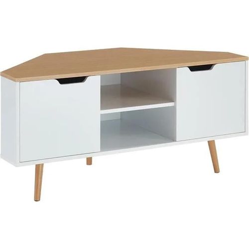 Meuble Tv D'angle - Décor Blanc Et Chêne - Style Industriel - L 115 X P 55 X H 53,5cm - Lyna[J7]