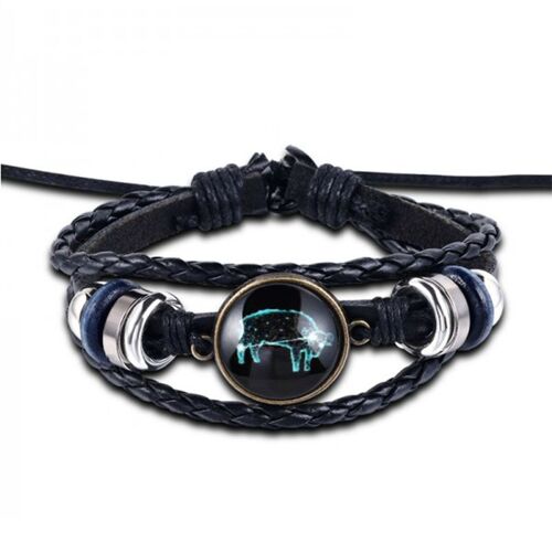 12 Bracelets Constellation Punk En Cuir Noir, Bracelet Gemini Cancer Lion Virgo Balance Scorpio Zodiaque, Cadeau Pour Hommes Et Femmes