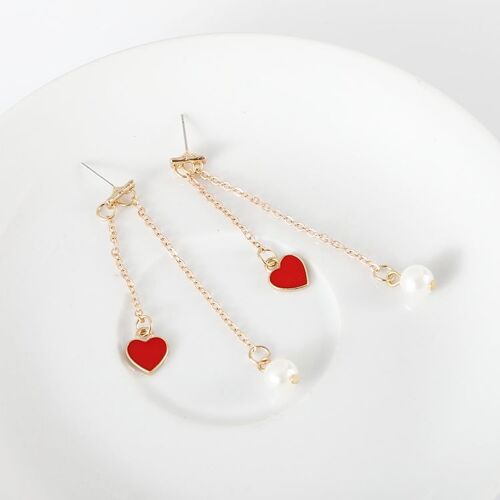 Boucles D'oreilles En Forme De Coeur Pour Femme Et Fille, Bijoux En Forme De Cercle Asymétrique, Imitation Perle, Longue Chaîne, Vente En Gros