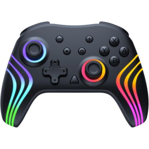 Manette Switch, Manette Sans Fil Pro pour Switch/Switch 2/Lite/OLED, Joystick avec d'éclairage RGB LED Changeantes/Double Vibration/Gyroscope 6 axes/Turbo