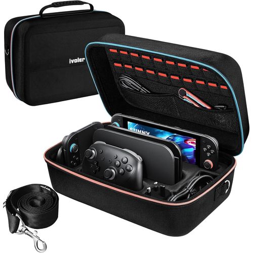 Etui Compatible avec Nintendo Switch et Switch OLED, Deluxe Housse Sacoche de Transport à Coque Rigide Anti Choc Pochette avec Espace, Large pour Console, Dock, Joy-Cons, 18 Cartouche de Jeux