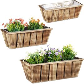 Asfasfq-Relaxdays Jardinières En Lot, Bacs À Fleurs En 3 Tailles, Bois Flambé, Avec Film Plastique, Intérieur Et Extérieur, Brun