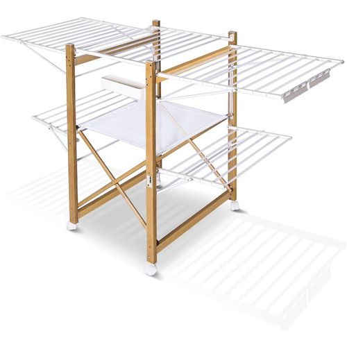 Séchoir à Linge Deluxe Grande Capacité avec Roulettes et Maille Etendoir Extensible Pliable Multifonction Imitation Bois 30m de Séchage pour Usage Intérieur 180x105x61cm Noir