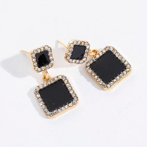 Boucles D'oreilles Géométriques Carrées Noires Pour Femmes, Boucle D'oreille Classique, Biscuits En Cristal, Déclaration De Document En Or, Bijoux En Gros