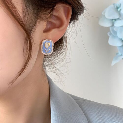 Boucles D'oreilles Élégantes En Opale Tulipe Pour Femmes, Boucles D'oreilles À Tige Carrée Bleue, Perle Géométrique, Cadeau De Bijoux, Mode Mignonne, 216.239., 2023