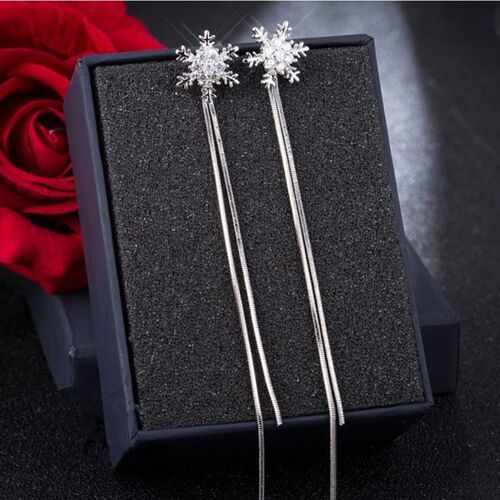 Boucles D'oreilles Pompon Flocon De Neige Plaqué Argent Pour Femme, Tempérament, Pendentif En Cristal, Longues Boucles D'oreilles Joearrings, Piercing D'oreille Hypoallergénique, Bijoux
