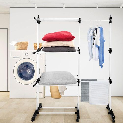 Etendoir à Linge Peu encombrant en Métal 3 Étages DoublesÉtendoir à Linge Interieur Pliable avec Roues et Extensible pour Intérieur et ExtérieurSupport pour Les Petits Objets,Blanc