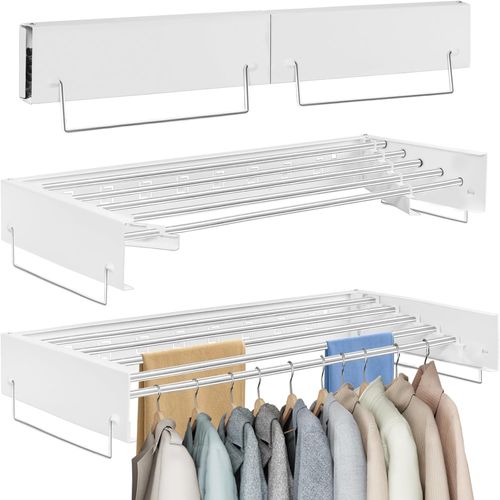 80CM Étendoir à Linge Mural PliableSéchoir à Linge Mural pour Intérieur et ExtérieurRétractable Etendoir Linge avec 5 TigesEconomiseur d'Espace Design (Blanc)
