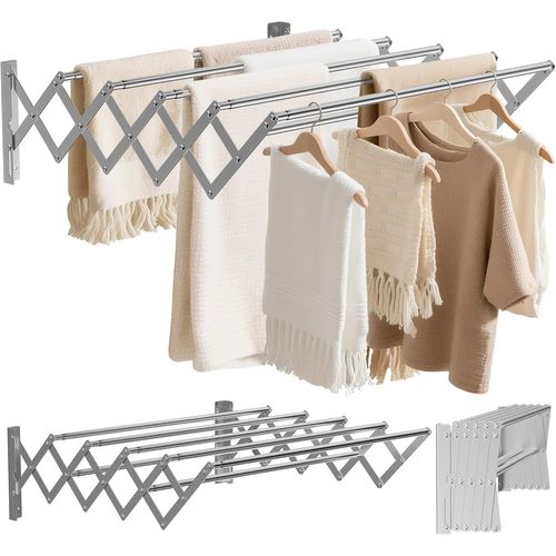 Étendoir à Linge Mural PliableSéchoir à Linge Mural en Acier Inoxydable avec 7 TigesLargeur Rétractable: 42-80CMPorte-Serviettes Suspendu pour Buanderie Salle de BainMoyen (Argent)