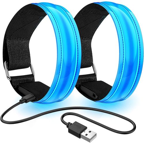 2pcs Brassard Lumineux Led Rechargeable, Brassard Reflechissant Led Running, Bande Clignotant Ajustable Bracelet Lumineux Led De Sécurité(Bleu)