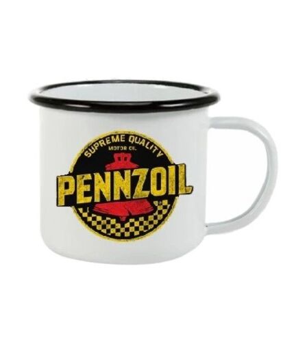 Mug Émail Pennzoil Logo Noir Jaune Damier Tasse Emaillée 2 Logos