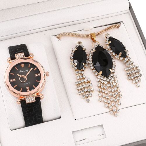 Belle Montre À Quartz Pour Femmes, Ensemble Montre + Collier + Bague + Boucles D'oreilles, Cadeau Pour La Fête Des Mères, Bracelet En Pu Décontracté, Eig88