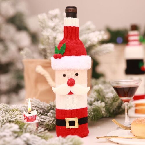 Décorations de noël, bouteille de vin, sac de couverture de chandail, père noël, tricot pour le nouvel an, décoration de dîner à la maison