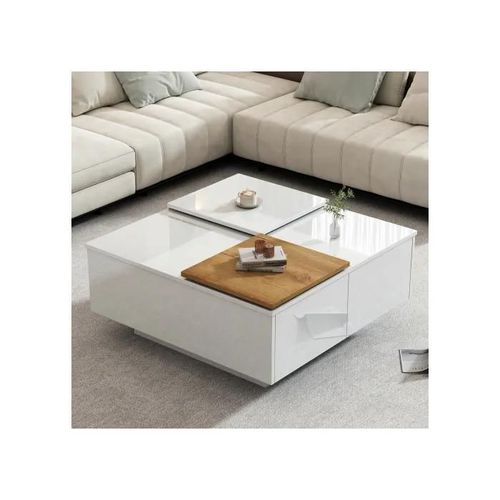 Table Basse Moderne Carrée En Bois Blanc Brillant, Plateau 75*75*33,5 Cm, Petit Plateau Coulissant, Charge Max. 30 Kg