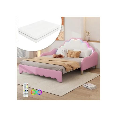 Canapé-Lit 140*200 Cm, Tête De Lit Avec Éclairage D'ambiance, Avec Matelas Et Télécommande, Rose