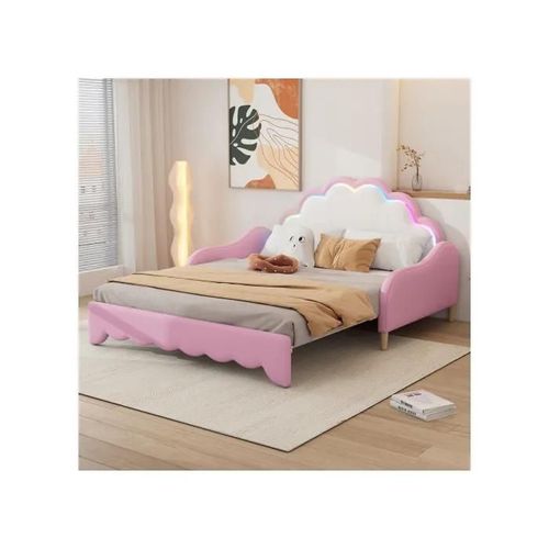 Canapé-Lit 140*200cm, Convertible En Couchage, Tête De Lit Avec Lumière Défilante, Avec Télécommande, Rose