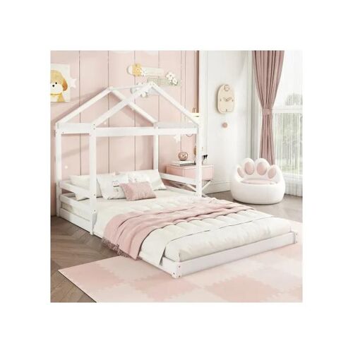 Home bed, 140 x 200 cm, lit d'enfant en forme de maison avec sommier à lattes (sans matelas) blanc