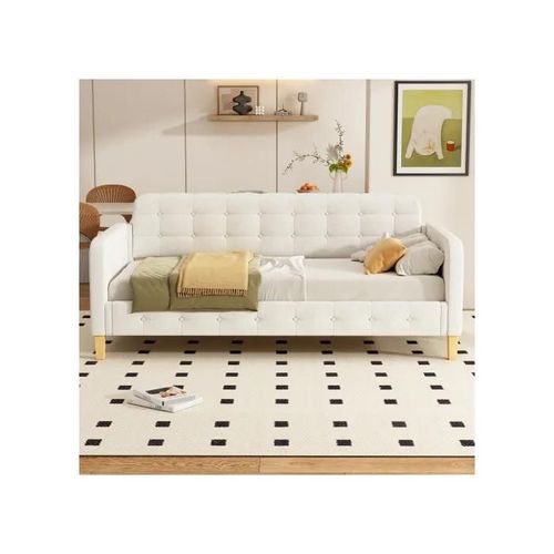 90*200cm Canapé-Lit, Lit De Jour, Ornement À Clous De Bouton, Simple Et Élégant, Beige