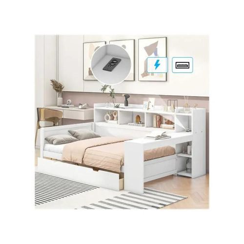 Canapé-Lit, 90 X 200 Cm, Tête De Lit Et Tablette Inférieure, Lit Avec Prise De Courant Et Port Usb, Sans Matelas, Blanc