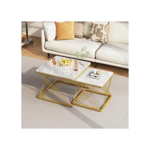 Lot De 2 Tables Basses Élégantes, Carrées 60*60*45 Cm Et 45*45*40 Cm, Aspect Marbre Brillant