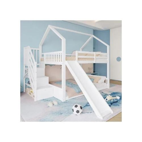 Lit Superposé Avec Échelle De Rangement Et Toboggan, Lit Supplémentaire (Sans Matelas) 140x200cm, Blanc