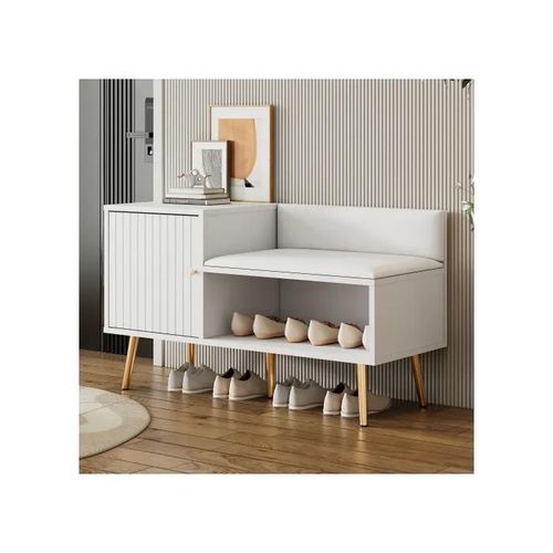 Meuble À Chaussures Moderne De Luxe Blanc Avec Espace De Rangement, Banc Et Dossier Rembourrés Dimensions : L100/T40/H58 Cm