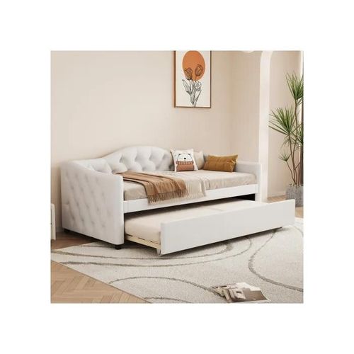 Daybettt, 90x200cm Lit De Jour Avec Lit Extensible, Canapé-Lit, Lit Simple (Sans Matelas), Lin, Style Minimaliste, Beige