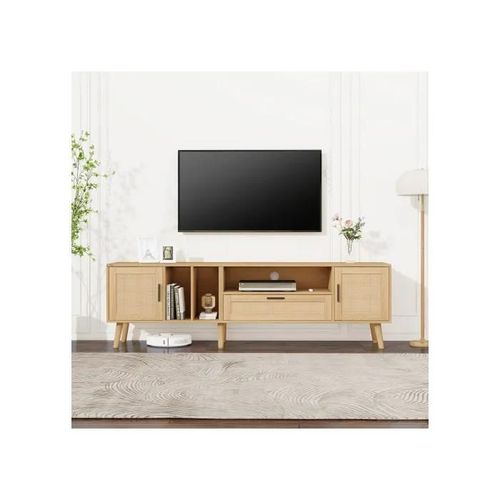 Spacieux Meuble Tv De 180 Cm, 2 Portes Et 1 Tiroir, Pieds En Bois Massif, Peut Accueillir Un Téléviseur 80".