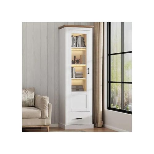 Vitrine Moderne À Led Blanc Mat (178 Cm) Avec Port Usb, Télécommande 16 Couleurs, Vitrine Autoportante Avec Décoration En Bois