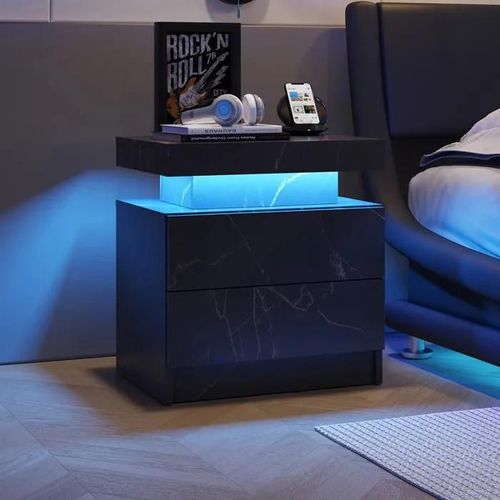 Table De Nuit Led Table De Chevet Cabinet Lumineux Moderne Avec 2 Tiroirs Pour Chambre À Coucher (Noir Or)