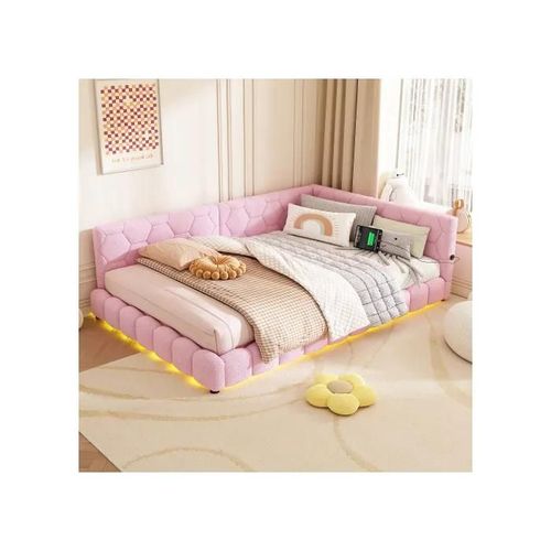 Daybed, 140*200 Cm Daybed, Canapé-Lit, Lit Avec Sommier À Lattes (Sans Matelas), Laine, Rose
