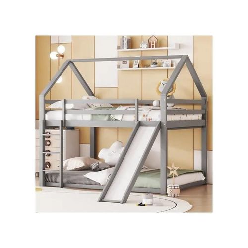Lit Superposé Avec Toboggan Et Échelle, Lit Superposé Pour Chambre D'enfant, Gris, 140x200 Cm