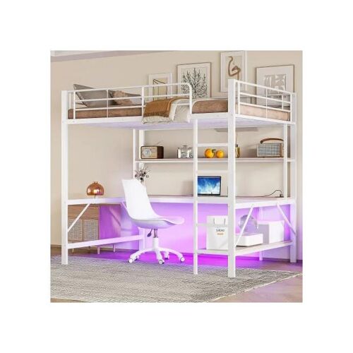 Lit mezzanine, 140*200 cm, rampe, repose-pieds, avec prise USB et prise électrique, blanc