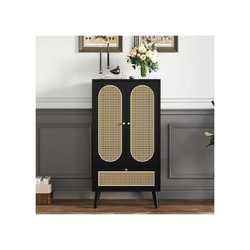 Buffet Compact (1,1 M), Design Rotin, Noir, 2 Portes, 1 Tiroir
