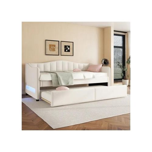 Lit De Jour Avec Lit Escamotable, Canapé-Lit, Lit Simple (Sans Matelas), 90x200 Cm Lin, Minimaliste, Beige