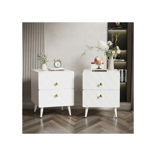 Table De Chevet Moderne Avec Poignées Dorées, Set De 2 Avec 2 Tiroirs, 39.5 L*40 P*50 H Cm, Blanc