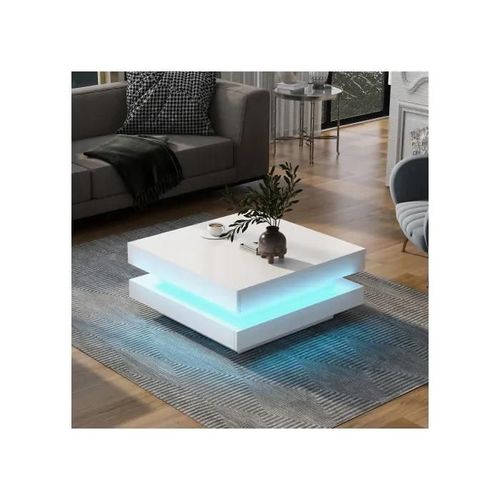 Table Basse Carrée Blanche - Style Technologique Moderne, Avec Barre Led Bluetooth, 70x70x36 Cm, Charge Max. 45 Kg