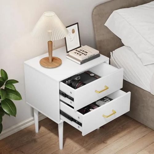 Table De Nuit Blanche À 2 Tiroirs, Table De Nuit Pour Chambre À Coucher, Table De Nuit Moderne Avec Pieds En Bois