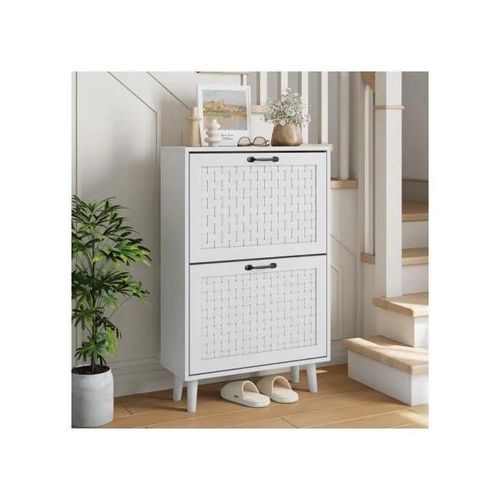 Meuble À Chaussures Avec Tiroirs En Rotin Fait Main, Meuble À Chaussures Indépendant Avec Pieds En Bois Massif