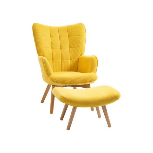 Fauteuil À Oreilles Jaune Avec Pouf, Fauteuil Avec Pieds En Bois, Aspect Velours Côtelé Pour Une Assise Confortable.