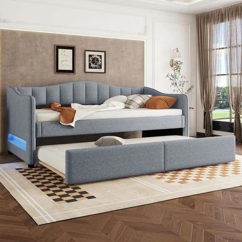 Lit De Jour Avec Lit Escamotable (Sans Matelas), 90x200 Cm, Éclairage D'ambiance Design, Lin, Minimaliste, Gris