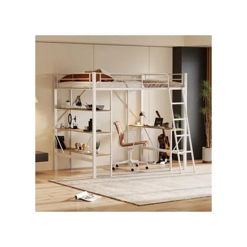 90x200 Cm Cadre De Lit Lit En Métal, Lit En Fer, Lit Haut Avec Bureau Et Trois Grandes Étagères, 90x200 Cm, Blanc