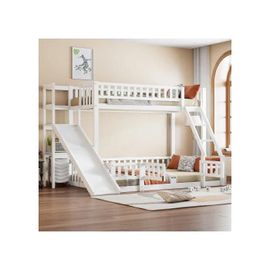 Lits superposés, 90 x 200 cm et 140 x 200 cm, garde-corps, pin, toboggan, matelas non inclus, blanc