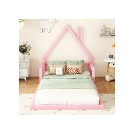 90*200cm Lit D'enfant, Lit Plat, Forme Maison, Pin Massif, Forme Simple,Rose
