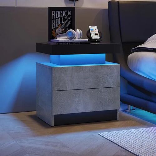 Table De Nuit Led Table De Chevet Cabinet Lumineux Moderne Avec 2 Tiroirs Pour Chambre À Coucher (Gris)