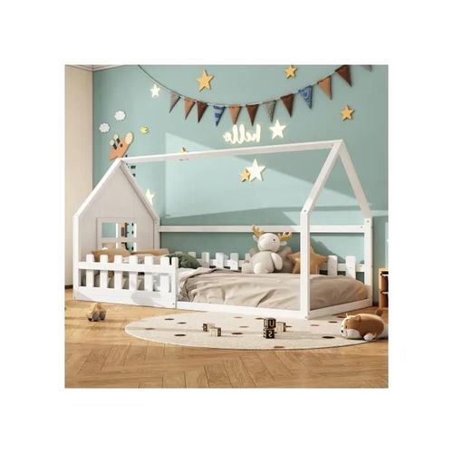 90*200cm Lit Plat, Lit D'enfant, Barre De Maison, Blanc