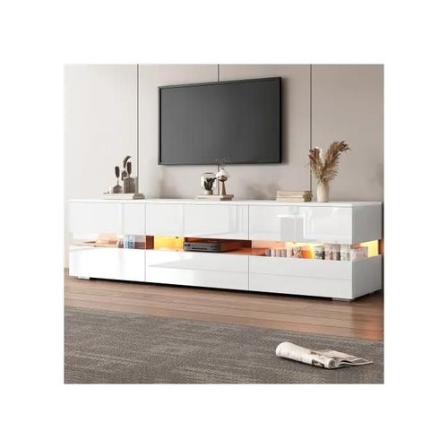 Meuble Tv Moderne Blanc Brillant, 160x39x45 Cm, Avec Éclairage Led, 2 Portes, 1 Tiroir