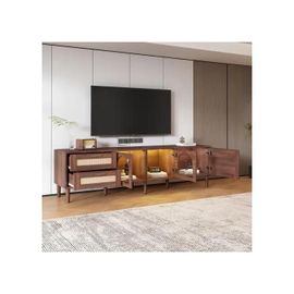 Meuble Tv Marron 180 Cm Pour Tv 80" - Avec 2 Tiroirs En Rotin, 2 Portes En Verre Incurvées Et 1 Porte En Rotin
